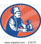 Vector Clip Art of Retro Blue and Red Chef Serving Money Logo by Patrimonio