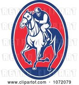 Vector Clip Art of Retro Blue and Red Jockey on Horseback Oval by Patrimonio