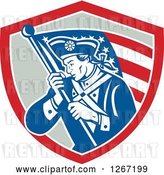 Vector Clip Art of Retro Blue and White Revolutionary Soldier with an American Flag in a Red and Gray Shield by Patrimonio