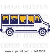 Vector Clip Art of Retro Blue and White Tour Bus with a City Skyline in the Windows by Patrimonio