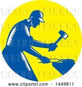 Vector Clip Art of Retro Blue and White Woodcut Blacksmith Worker Forging Iron in a Yellow Circle by Patrimonio