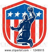 Vector Clip Art of Retro Blue Basketball Player Dunking over an American Shield by Patrimonio