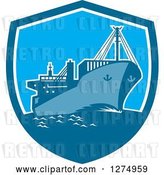 Vector Clip Art of Retro Blue Cargo Ship in a Shield by Patrimonio