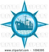 Vector Clip Art of Retro Blue Cargo Ship or Ocean Liner Inside a Compass by Patrimonio