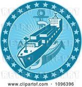Vector Clip Art of Retro Blue Cargo Ship or Ocean Liner with an Anchor and Stars by Patrimonio