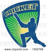 Vector Clip Art of Retro Blue Cricket Batsman with a Shield by Patrimonio