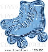 Vector Clip Art of Retro Blue Engraved or Sketched Pair of Roller Skates by Patrimonio