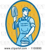 Vector Clip Art of Retro Blue Janitor Holding a Mop and Bucket over a Yellow Oval by Patrimonio