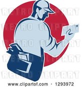 Vector Clip Art of Retro Blue Mailman Holding an Envelope in a Red Circle by Patrimonio