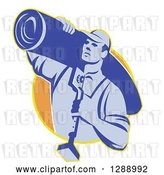 Vector Clip Art of Retro Blue Male Carpet Layer Carrying a Roll and Knee Kicker Tool in a Yellow and Orange Circle by Patrimonio
