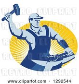 Vector Clip Art of Retro Blue Male Farrier Hammering a Horseshoe in an Oval of Yellow Sunshine by Patrimonio