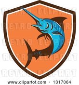 Vector Clip Art of Retro Blue Marlin Fish in a Brown White and Orange Shield by Patrimonio