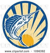 Vector Clip Art of Retro Blue Marlin Leaping over a Circle of Rays by Patrimonio