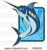 Vector Clip Art of Retro Blue Marlin Leaping over a Rectangle of Blue Rays by Patrimonio