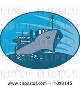 Vector Clip Art of Retro Blue Oval with a Cargo Ship by Patrimonio