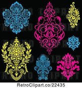 Vector Clip Art of Retro Blue Pink and Yellow Victorian Floral Damask Design Elements by BestVector