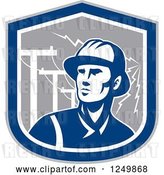 Vector Clip Art of Retro Blue Power Lineman in a Shield with Bolts by Patrimonio