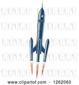 Vector Clip Art of Retro Blue Rocket with Flames by Vector Tradition SM