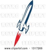 Vector Clip Art of Retro Blue Rocket with Red Flames 8 by Vector Tradition SM