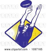 Vector Clip Art of Retro Blue Rugby Player Catching a Line-Out Ball over a Ray Diamond by Patrimonio