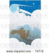 Vector Clip Art of Retro Blue Scene of Sputnik Orbiting Around Clouds and Earth by Xunantunich