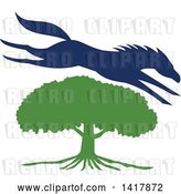 Vector Clip Art of Retro Blue Silhouetted Horse Leaping over a Green Oak Tree by Patrimonio