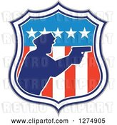 Vector Clip Art of Retro Blue Silhouetted Male Police Officer Aiming a Firearm in an American Flag Circle by Patrimonio