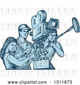 Vector Clip Art of Retro Blue Sketch of Film Crew Clapper Board, Sound Guy and Camera Guy Workers by Patrimonio