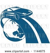 Vector Clip Art of Retro Blue Sports Car on a Road Around Earth by Patrimonio