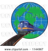 Vector Clip Art of Retro Blue Train Emerging from a Globe by Patrimonio