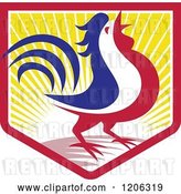 Vector Clip Art of Retro Blue White and Red Crowing Rooster in a Crest Shield of Sunshine by Patrimonio