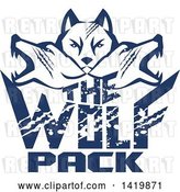 Vector Clip Art of Retro Blue Wolf Heads Facing Front and to the Sides over Text by Patrimonio