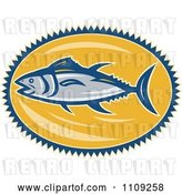 Vector Clip Art of Retro Bluefin Tuna Fish over a Yellow Oval by Patrimonio