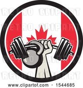 Vector Clip Art of Retro Bodybuilder Arm Holding up a Bent Barbell and Kettlebell in a Canadian Flag Circle by Patrimonio