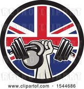 Vector Clip Art of Retro Bodybuilder Arm Holding up a Bent Barbell and Kettlebell in a Union Jack Flag Circle by Patrimonio