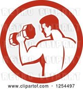 Vector Clip Art of Retro Bodybuilder Doing Bicep Curls with a Dumbbell in a Gray and Red Circle by Patrimonio