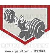 Vector Clip Art of Retro Bodybuilder Doing Squats with Dumbbells in a Shield by Patrimonio