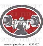 Vector Clip Art of Retro Bodybuilder Doing Squats with Dumbbells in an Oval by Patrimonio