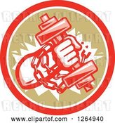Vector Clip Art of Retro Bodybuilder Hand Holding a Dumbbell and Chains in a Red White and Brown Circle by Patrimonio