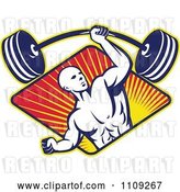 Vector Clip Art of Retro Bodybuilder Lifting a Barbell with One Hand over a Diamond of Rays by Patrimonio