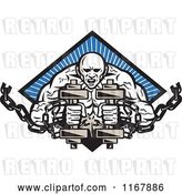 Vector Clip Art of Retro Bodybuilder with Chains and Dumbbells over a Blue Ray Diamond by Patrimonio