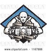 Vector Clip Art of Retro Bodybuilder with Chains, Holding Dumbbells over a Blue Ray Diamond by Patrimonio