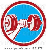 Vector Clip Art of Retro Bodybuilder's Hand Holding a Dumbbell in a Red White and Blue Circle by Patrimonio