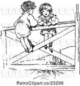 Vector Clip Art of Retro Boy and Girl on a Gate by Prawny Vintage