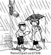 Vector Clip Art of Retro Boy and Girl with an Umbrella in the Rain by Prawny Vintage