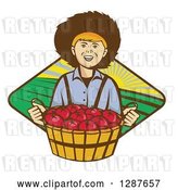 Vector Clip Art of Retro Boy Farmer Holding a Bushel of Tomatoes over a Farmland Diamond by Patrimonio