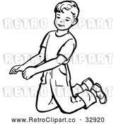 Vector Clip Art of Retro Boy Kneeling in Black and White by Picsburg