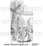 Vector Clip Art of Retro Boy over a Courtyard in Black and White by Picsburg
