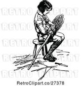 Vector Clip Art of Retro Boy Sitting on a Stool with a Broom by Prawny Vintage