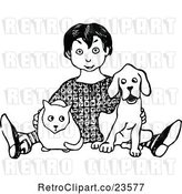 Vector Clip Art of Retro Boy Sitting with a Cat and Dog by Prawny Vintage